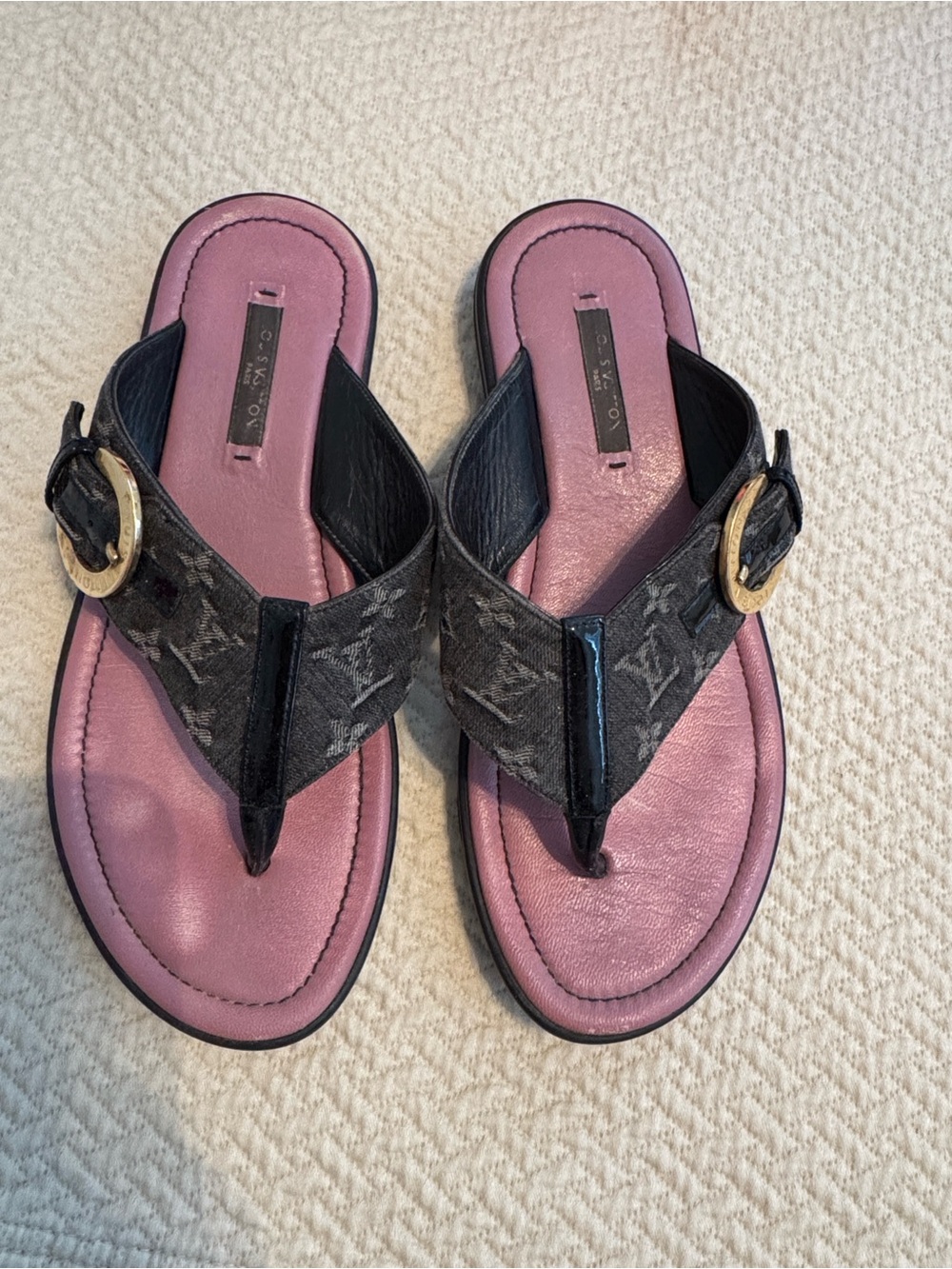 Designer Brown Monogram Thong Sandals with Pink Footbed